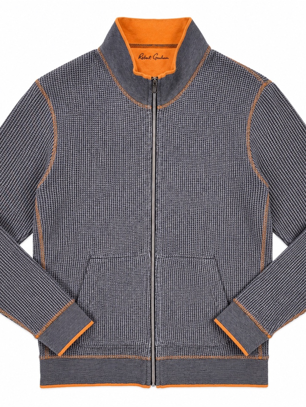 Robert Graham Mens 2XL Full Zip Waffle Knit Jacket Gray Orange Cotton Sweater